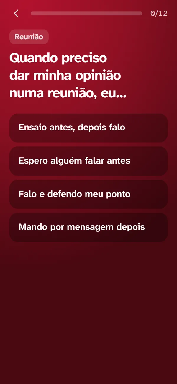 Perguntas do Raio-X se revezando, cada uma com quatro respostas da vida real, em telas bordô e brancas